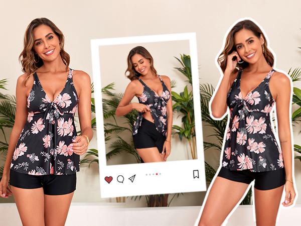 Yonique Women Two Piece Flowy Tankini Swimsuits with Boyshorts V Neck Swim Tank Tops Bathing Suits Modest Swimwear