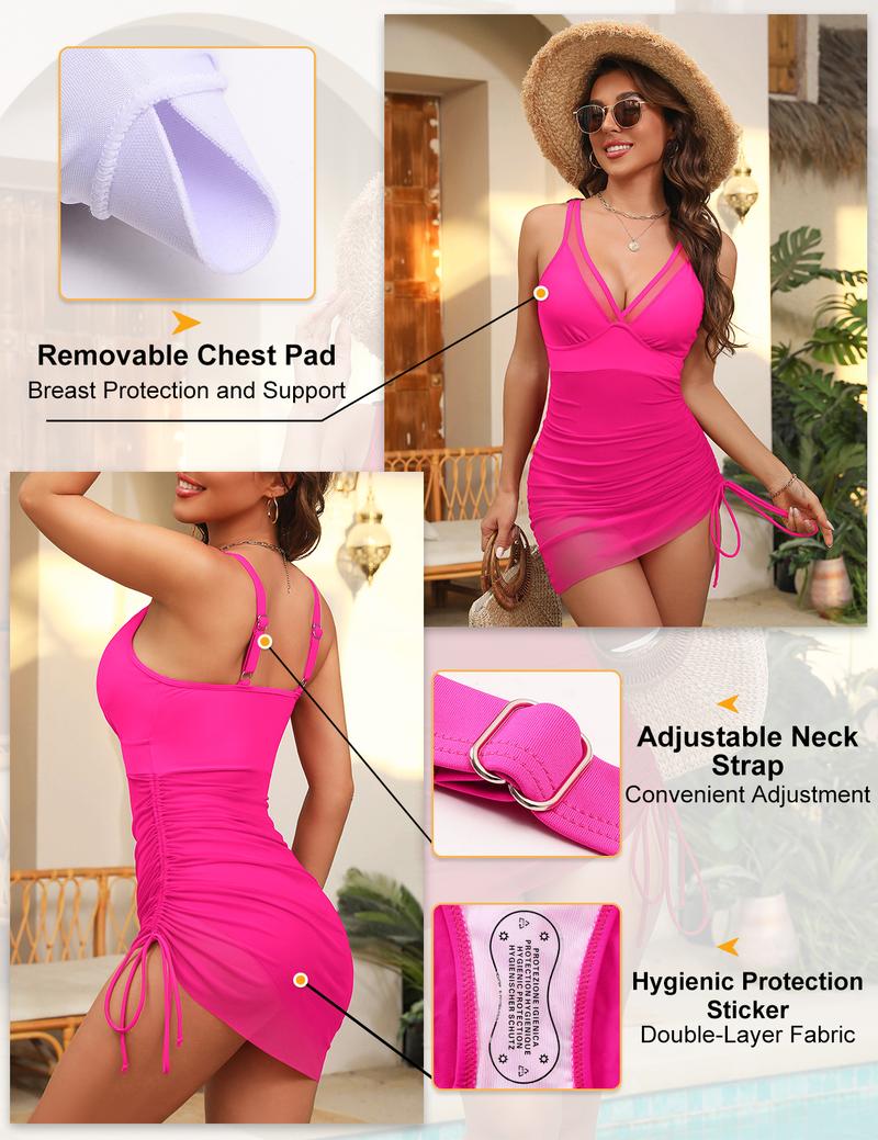 UMIPUBO Summer Womens One Piece Swimsuit Tummy Control Bathing Suit V Neck Slimming Swimwear Sheer Mesh Swim Dress Sarong Wraps