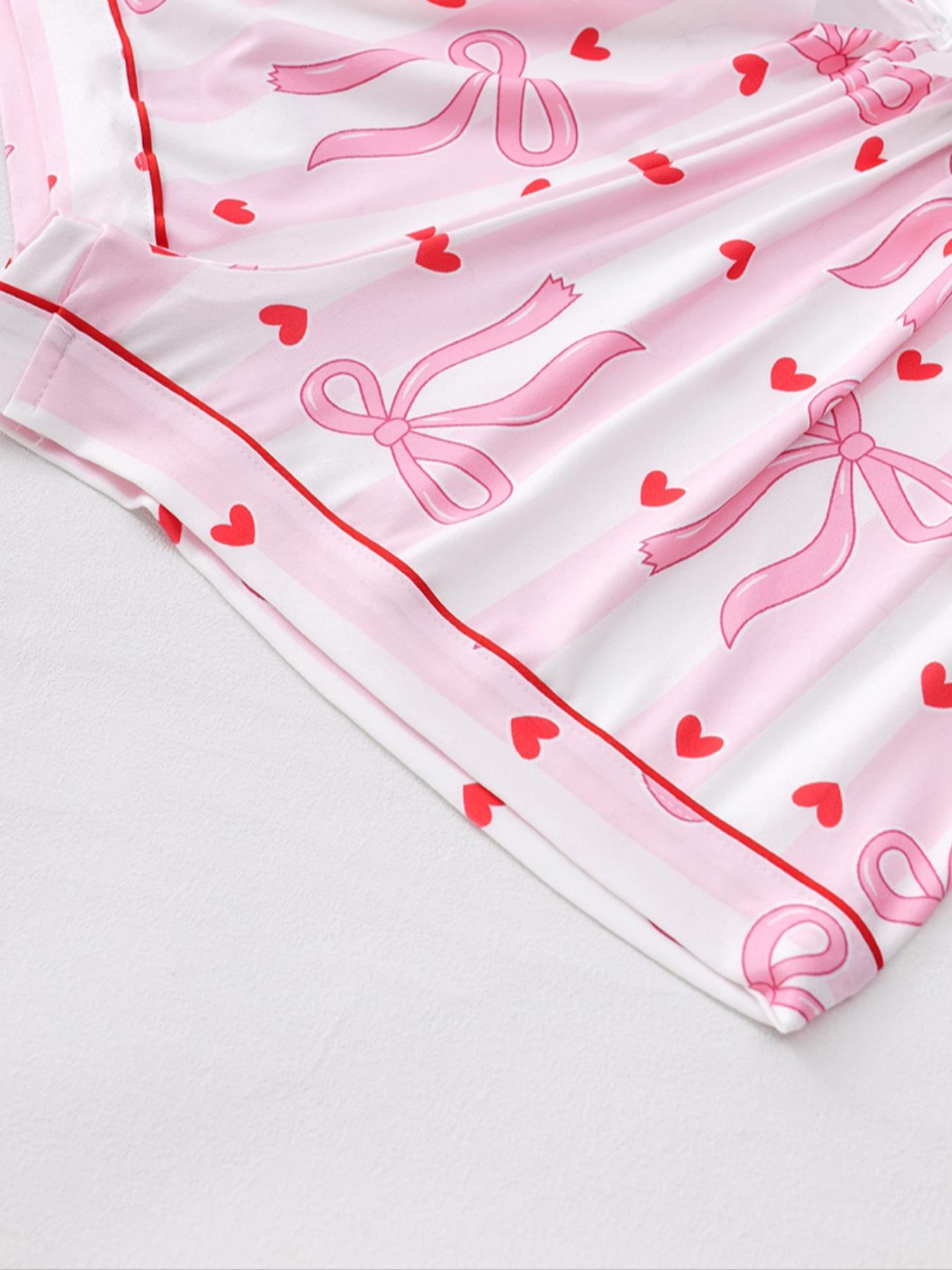 Valentine's Day Bow and Heart Print Pajama Set, Soft Silky Striped Short Sleeve Sleepwear, Women's Comfortable Nightwear