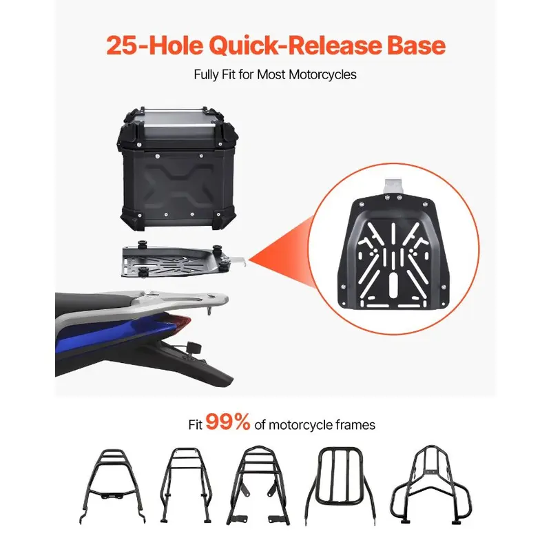 VEVOR Universal Fit Aluminum Alloy Motorcycle Top Case, 45L Waterproof Lockable Tail Storage Box with Leather Lining, Detachable Back Cushion, Compatible with 99% of Motorcycle Frames
