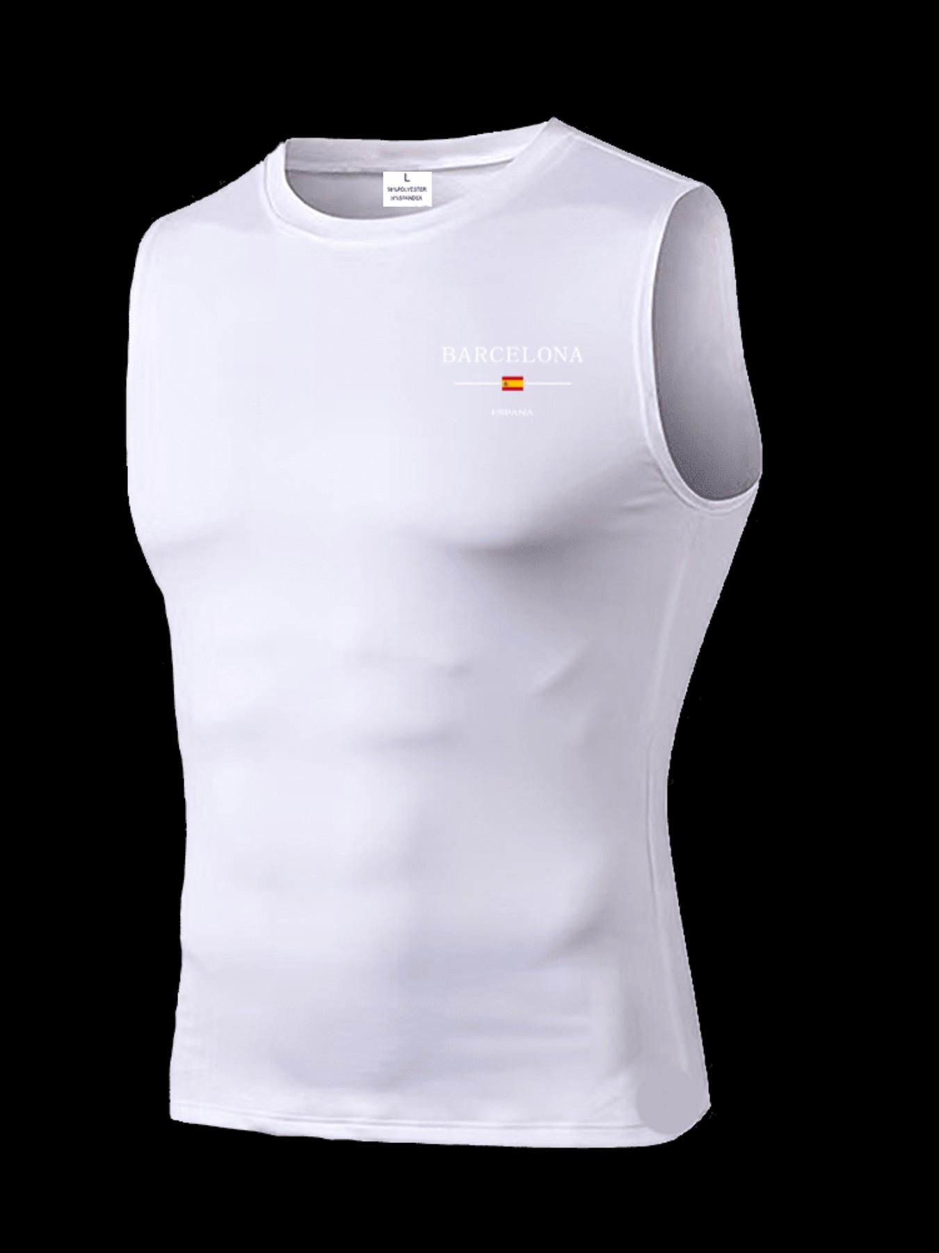 Men's Short Sleeve Sporty Top, Quick-Dry Breathable Slim Fit, Barcelona Print, Ideal for Gym, Running, Boxing, Outdoor Activities