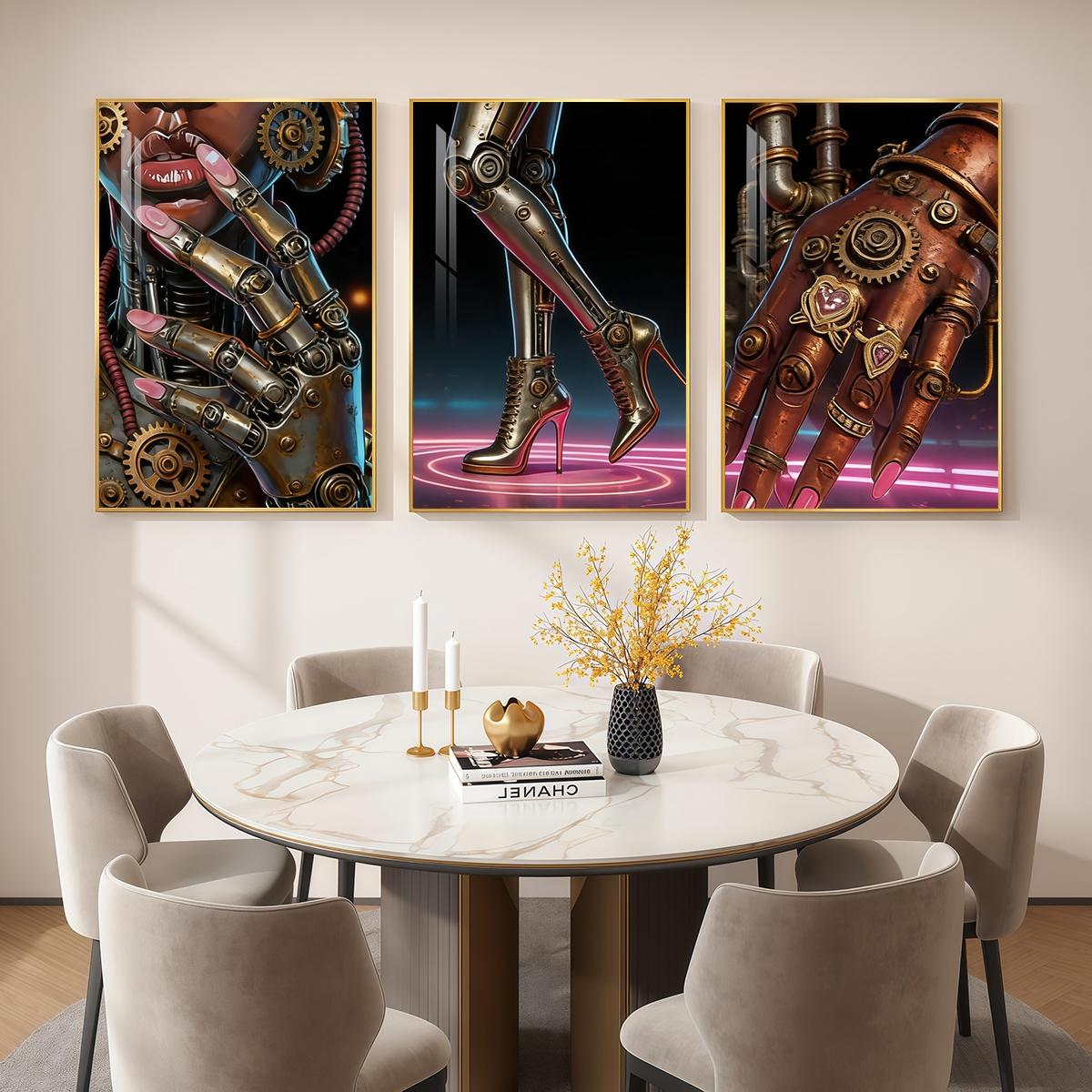 3 Counts Aluminum Alloy Framed Painting, Futuristic Cyberpunk Robot Art Pictures, Home Decoration For Living Room, Bedroom, Office, Restaurant, Hallway Wall Decor, Odorless Print Artwork, Luxury Perfect Gift For Friends And Family