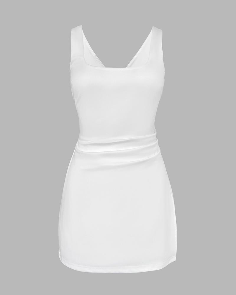 ChicMe Women's French Style Square Neck Backless Ruched Overalls Twist Back Slim Fit Faux Two-Piece Skort Romper