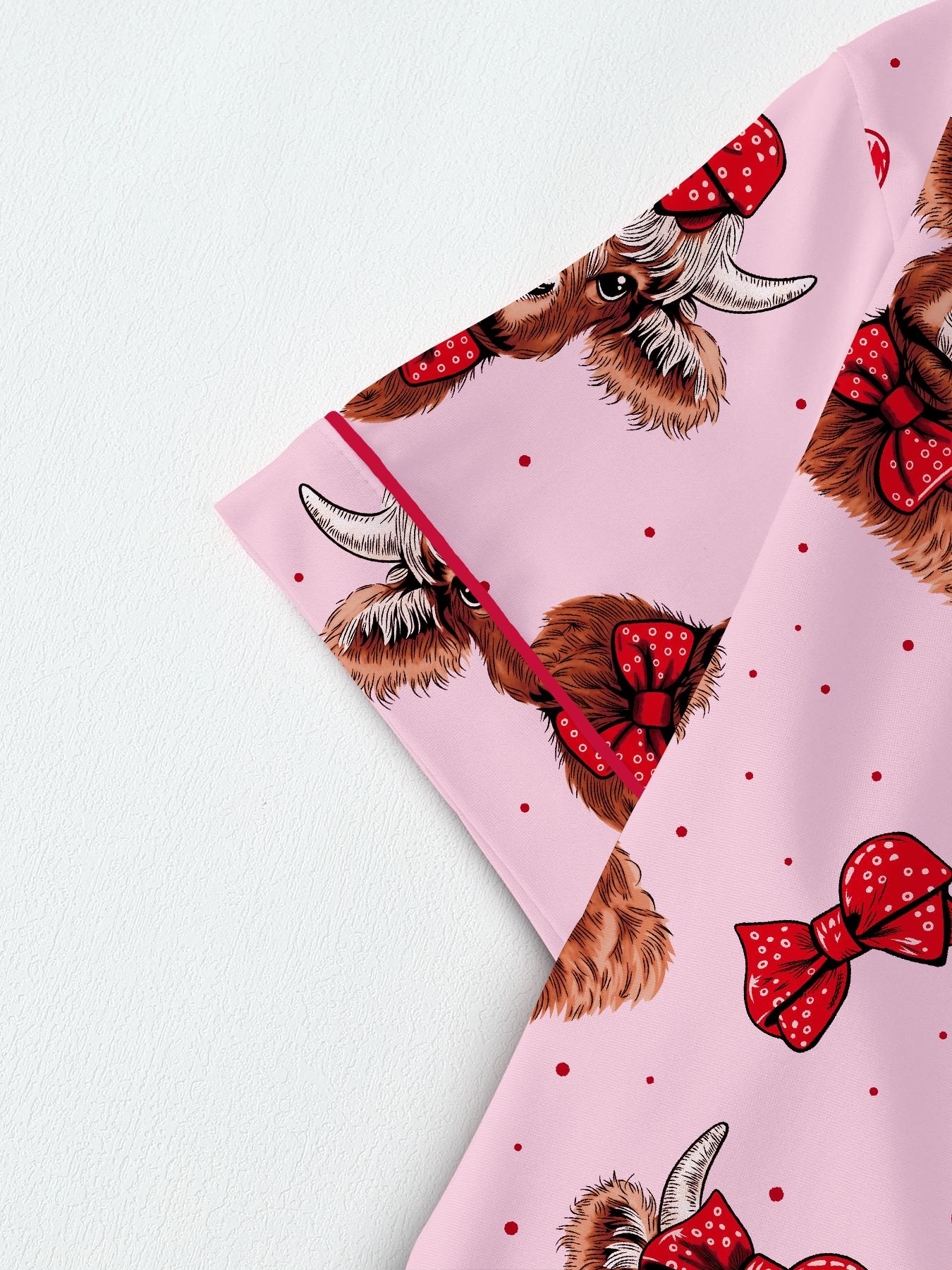 Valentine's Day Women's Pajama Set, Comfortable Cute Elastic Highland Cow Bow Collar Shirt & Pants Two-Piece Sleepwear, Party Wear