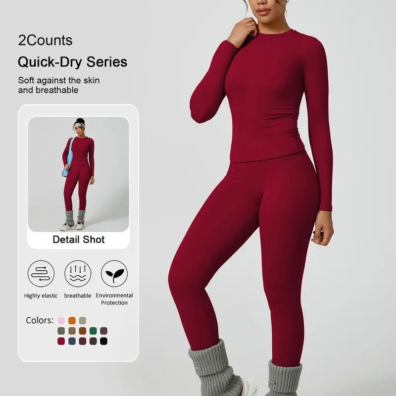 Women's Solid Long Sleeve Tee & High Waist Leggings Tracksuit Set, Sporty Round Neck Top & Skinny Pants Two-piece Set for Gym Workout Running, Ladies Fall & Winter Sportswear, Activewear