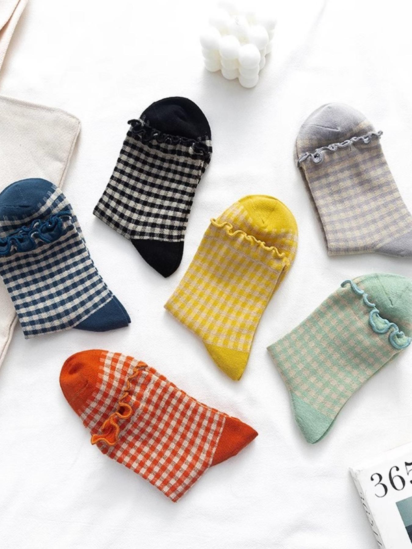 Women's Gingham Pattern Fitted Socks, Casual Crew Socks, Plaid, Casual Everyday Wear, All-Season Comfortable Design, Perfect for Women & Girls, Womenswear