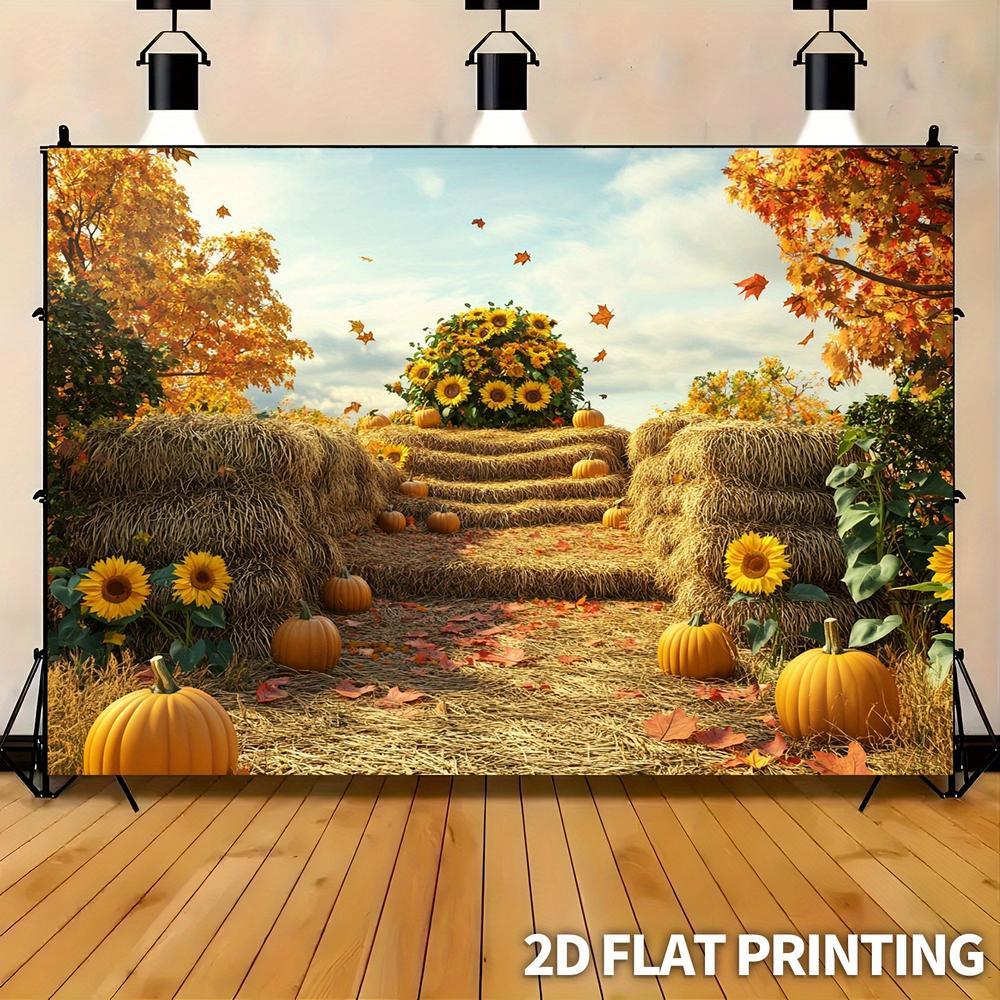 2D Flat, 1pc 2D Autumn Harvest Hay Bale Pumpkin Sunflower Rustic Fall Theme Background Cloth, Party Banner, Rustic Fall Harvest Thanksgiving Birthday Party Decor, Living Room, Wedding, Studio Phot