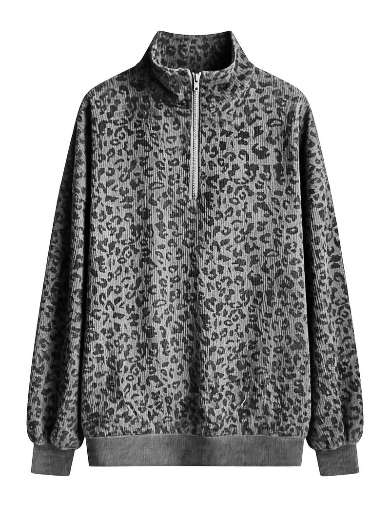 Plus Women Leopard Print Long Sleeve Casual Sweatshirt – Half-Zip V-Neck & Puff Sleeves Design, Perfect for Y2K Grunge or Casual Lazy Vibes, Soft Knit Fabric with Contrast Trim