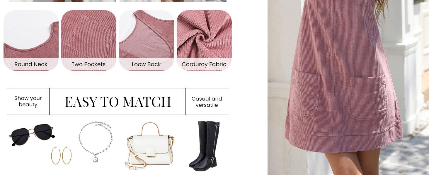 Ommig Women's Corduroy Overall Dress Round Neck A Line Skirtall Jumper Mini Dress Pinafore with Pockets ValentinesDay Outfit