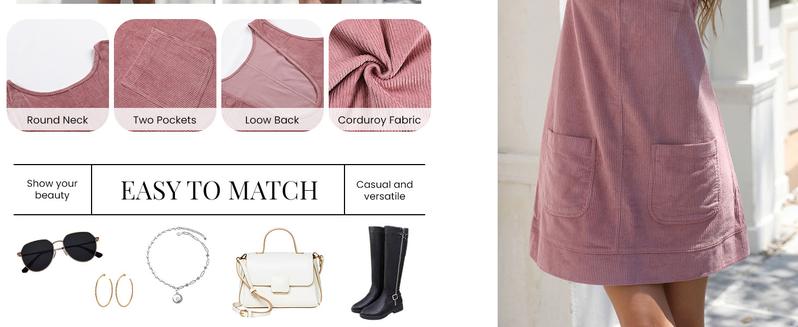 Ommig Women's Corduroy Overall Dress Round Neck A Line Skirtall Jumper Mini Dress Pinafore with Pockets ValentinesDay Outfit