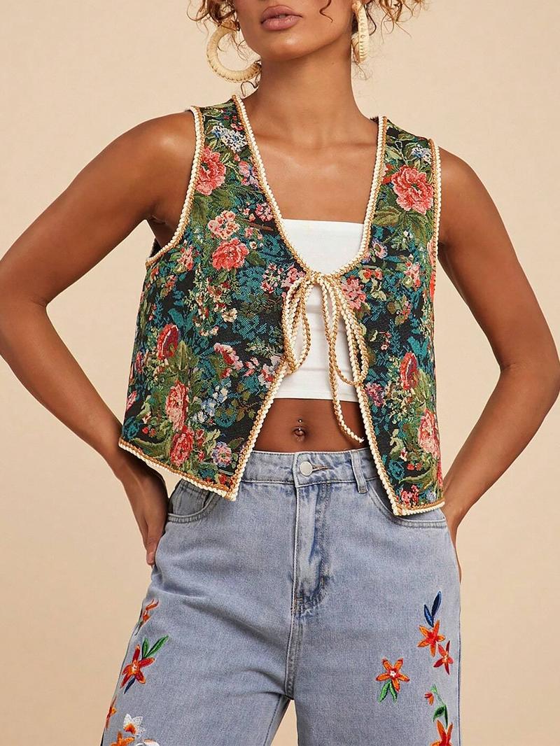 Women's Floral Pattern Tie Front V Neck Vest, Boho Sleeveless Outerwear for Beach Vacation Holiday, Ladies Clothes for All Seasons