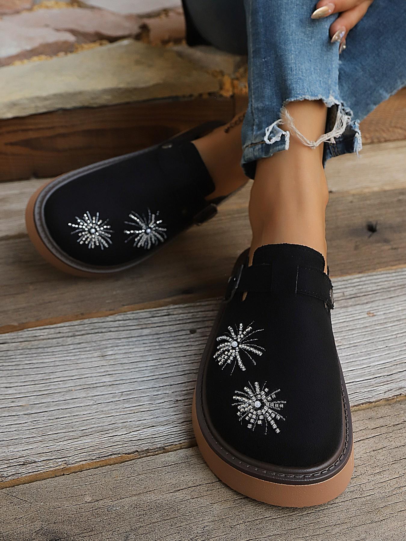 New Vintage Fashion Comfortable Large Size Rhinestone Fireworks Buckle Slip-On Shoes, Versatile Multi-Function Casual Women's Thick Soled Mules