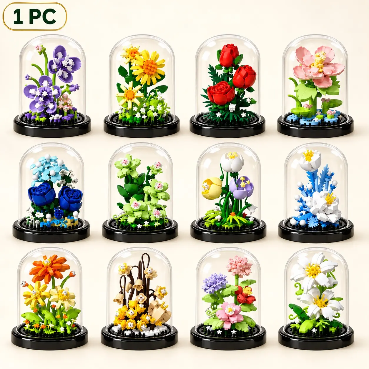 1 PC Flower Building Set with Dust Cover, Mini Rose Bouquet Building Blocks, DIY Botanical Display Kit for Adults, Cute Desk and Home Office Decor, Creative Teacher Appreciation, Birthday, Mother’s Day, Valentine’s Gifts for Women, Buildable Blocks