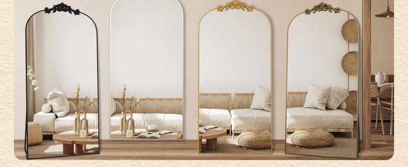 Arched Full Length Mirror, Floor Mirror Freestanding with Carved Metal Frame & Bottom Art Carved, Hanging Mounted Mirror for Living Room, Full Body Mirror for HomeDecor, Standing/Halling Large Wall Mirror for Bedroom