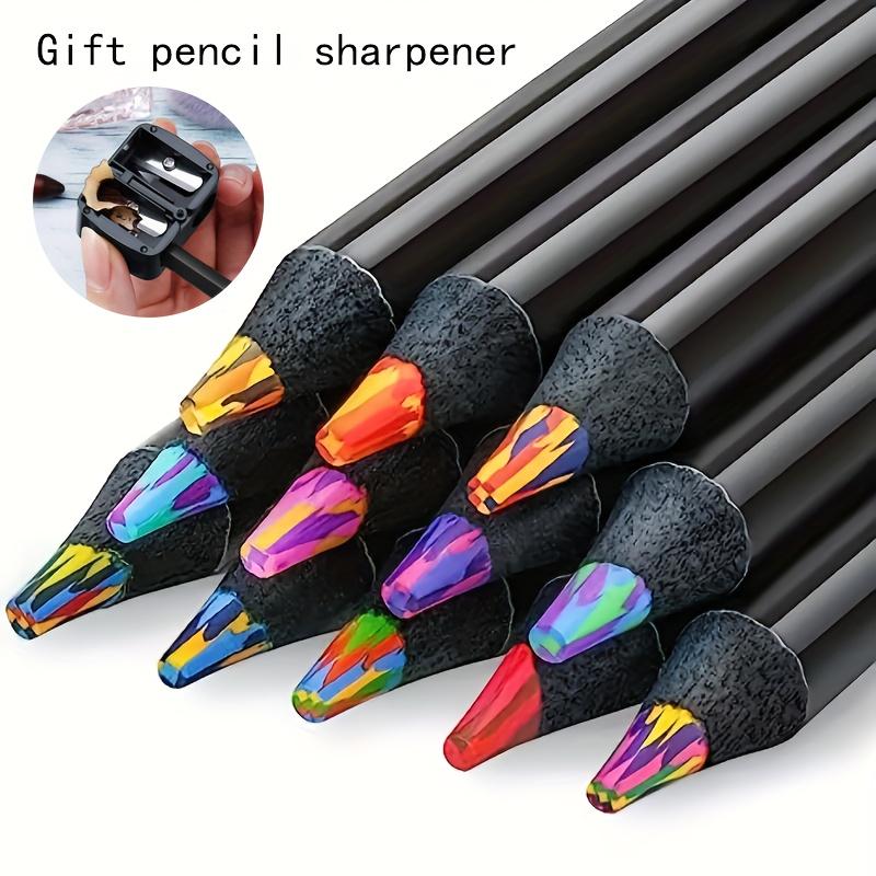 6/12 Rainbow Gradient Magic Pens with 1 Pencil Sharpener - Vibrant Doodling and Drawing Markers, Kawaii Writing and Art Supplies, with Pencil Sharpener, Wooden Material, Perfect for Artists and DIY Lovers, Flat-Head Pencils