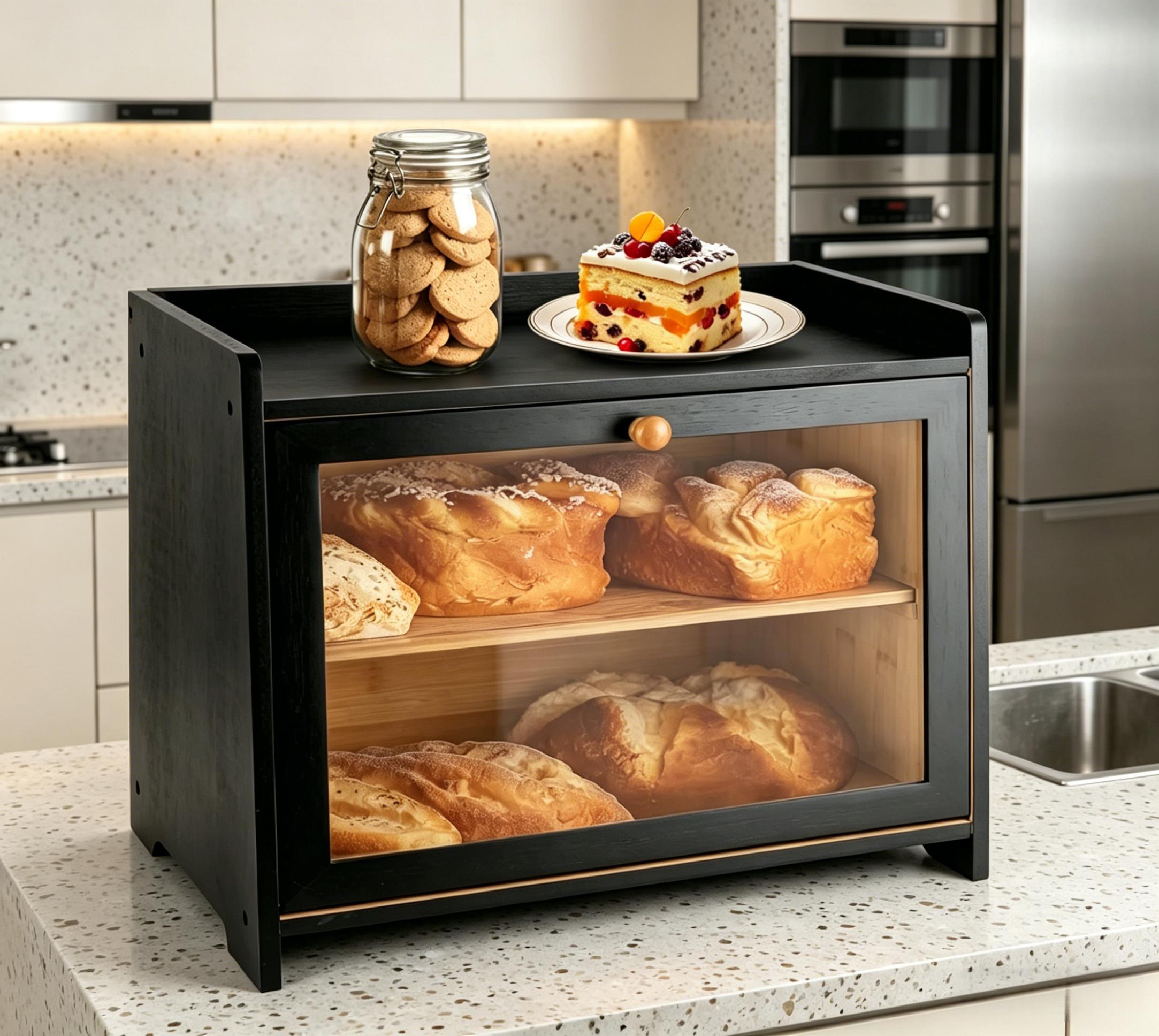 [HUOMAQFAN] Bamboo Bread Box, 2-Tier Countertop Kitchen Storage Bin with Lid and Clear Acrylic Window, Large Capacity for Bread, Fruit & Snacks, Food Freshness Organizer