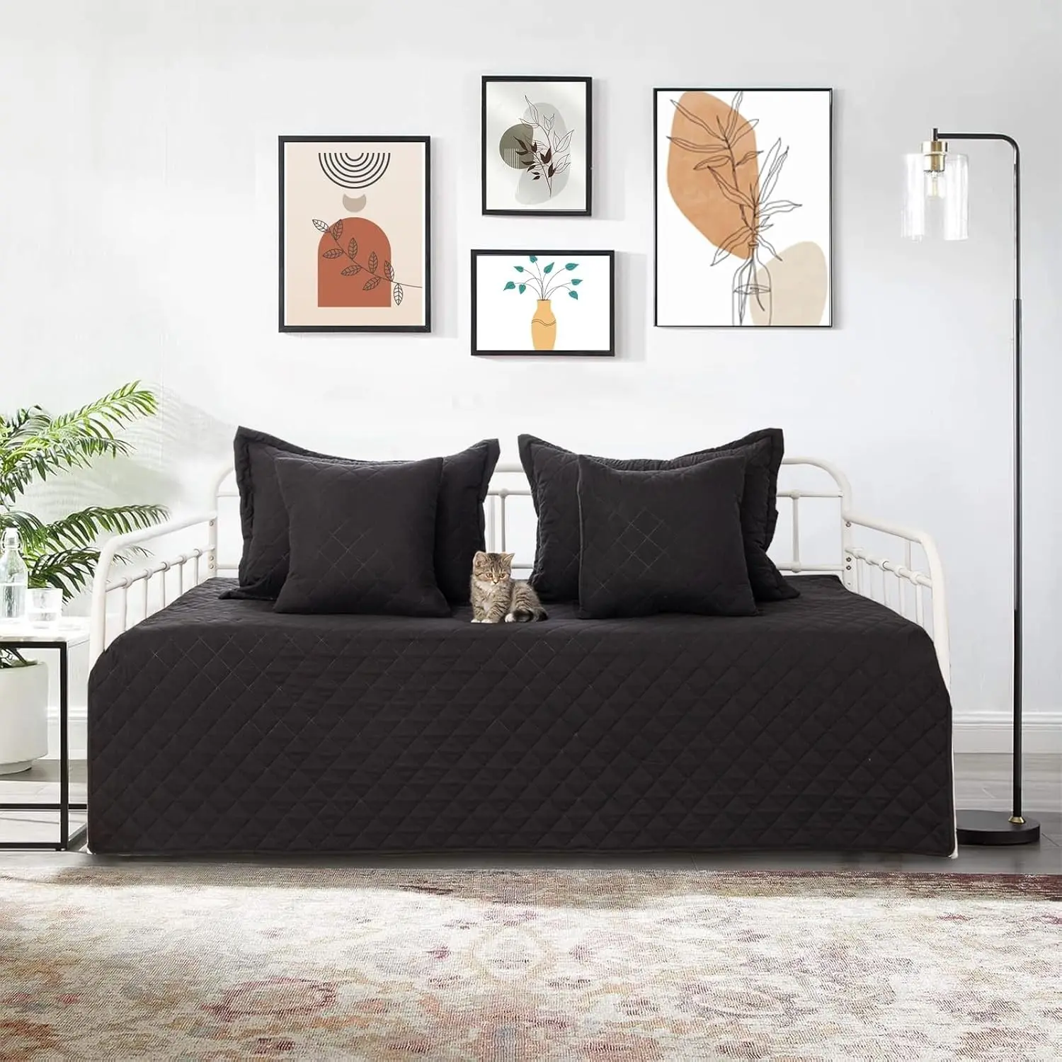 5 Piece Daybed Cover Set Twin Daybed Bedding Sets for All Season Lightweight Daybed Comforter with Matching Shams&Decorative Pillows, Double Sided-Quilting Day Bed Cover,39"x75",Black