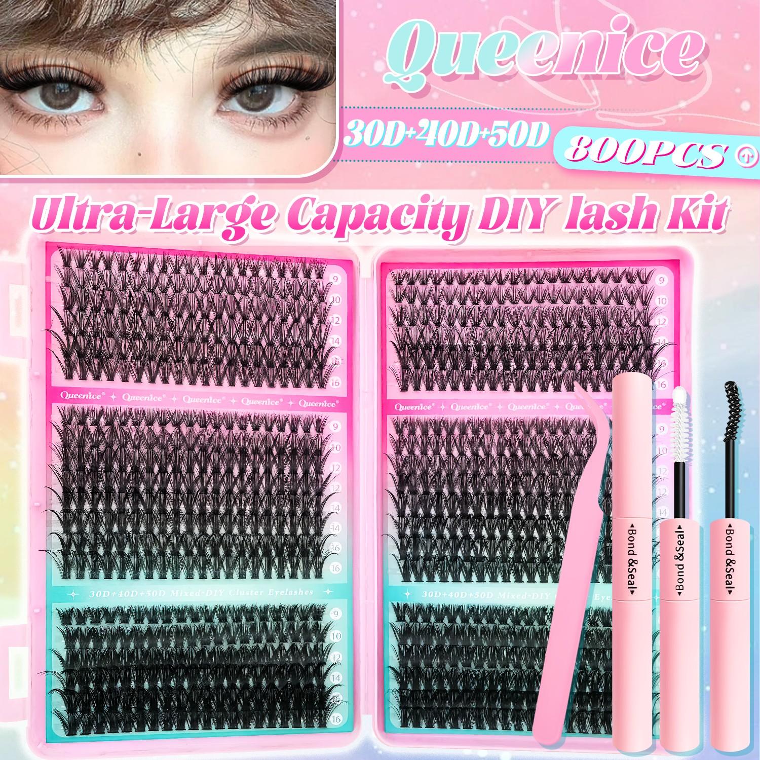 800/740/200pcs Eyelash Extension Kit, Fluffy Lash Extension Set with Lash Bond & Seal, Lash Tweezers and Thick Lash Clusters, Wispy Individual D-Curl Lashes with Eyelash Glue & Tweezers, Eyelash Tools, Cosmetic (30D/40D/50D/60D/80D/100D Mixed, 9-16mm)