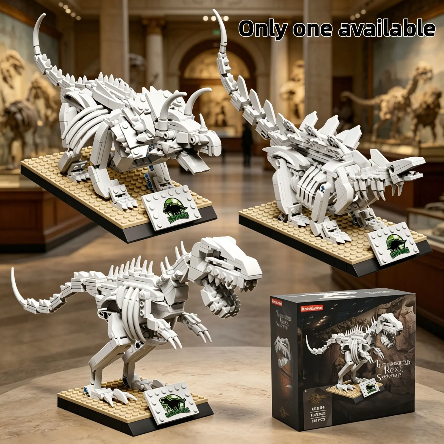 2026 Latest Trendy Dinosaur Building Bricks, New Arrival, 300+pcs Museum Dinosaur Series Building Blocks, Triceratops/Stegosaur/Tyrannosaurus Rex Fossils, DIY Assembled Small Particle Bricks, Desktop Decorative Ornament Toys, Halloween/Christmas Gift Sets