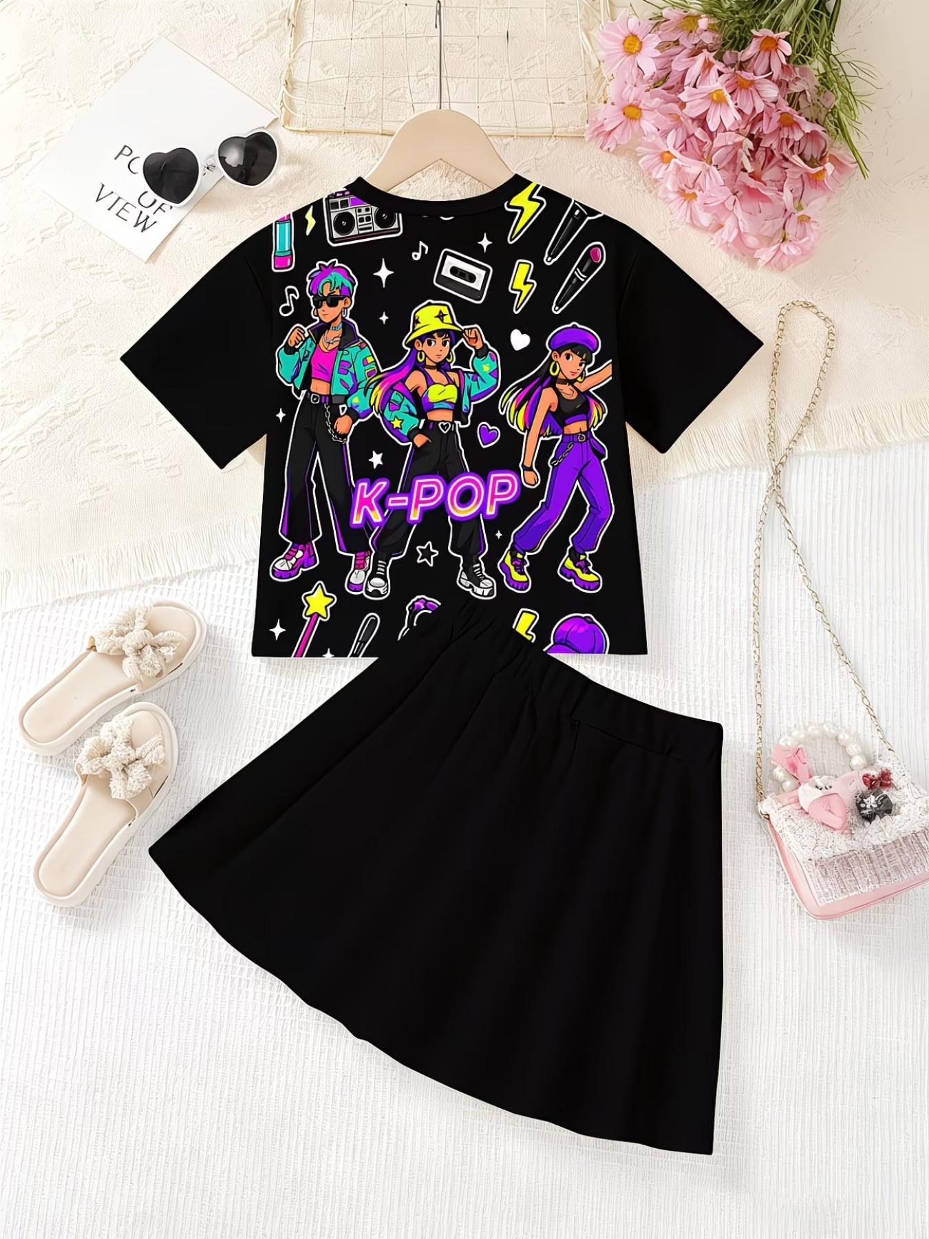 Girls' 3D Cartoon Print Top and Skirt Set, Casual Slim-Fitting Summer, Round Neck Short Sleeve, Daily Wear