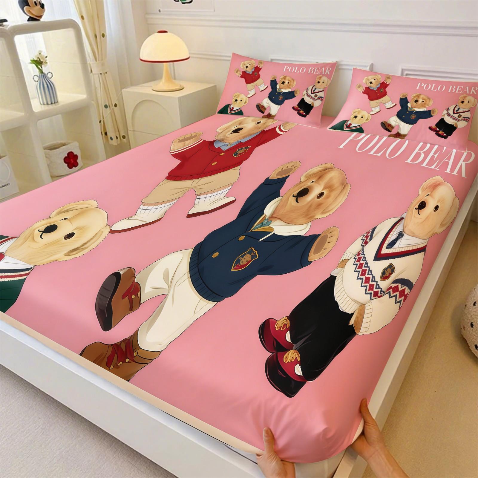 3-Piece Trendy Teddy Bear Patterned Bed Sheet, Soft And Durable Bedding Set Including 1 Bed Sheet And 2 Pillowcases, Suitable For Daily Holiday, Birthday, Gift, Bedroom Decoration For Children And Adults