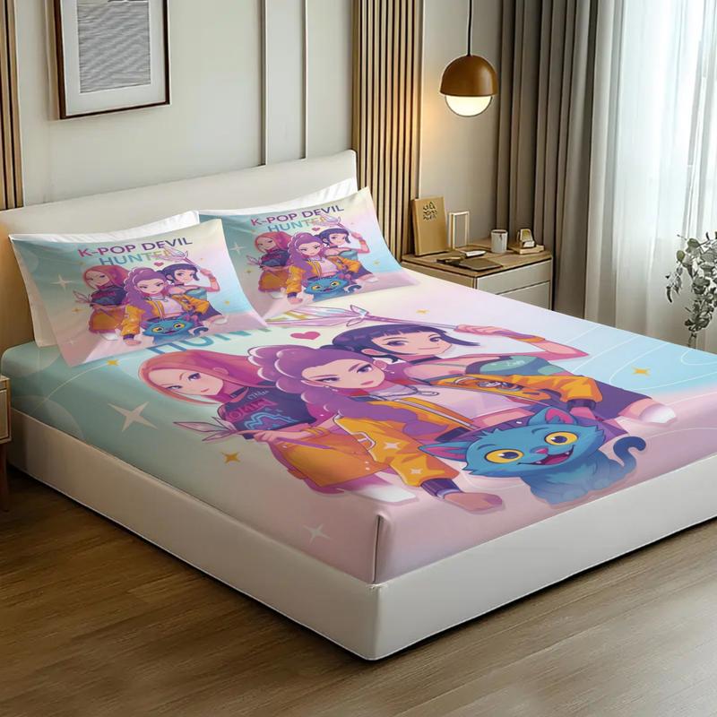 K-Pop Demon Hunters Fitted Sheet Set, Decorative Bedsheet Sets, 1 Fitted Sheet and 2 Pillowcases Without Inner Core, Fashionable Girl Group and Star Magic Element Bedding, Soft Breathable Fabric, Ideal for Bedroom and Dormitory Use #TOP PICKS