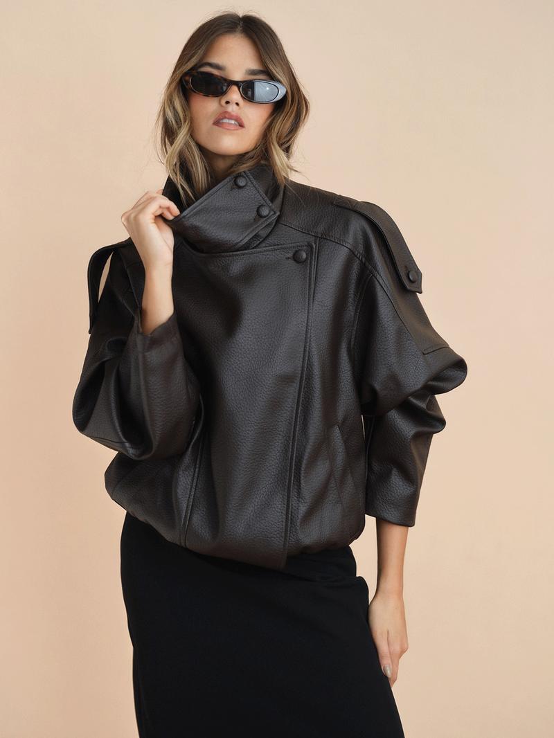 Faux Leather Jacket Woman Outerwears Fashion Asymmetric Zipper Bomber Jacket Demi-Season Streetwear Plus Size Women's Black Jacket Long Sleeve New In Coats Motorcycle Jackets