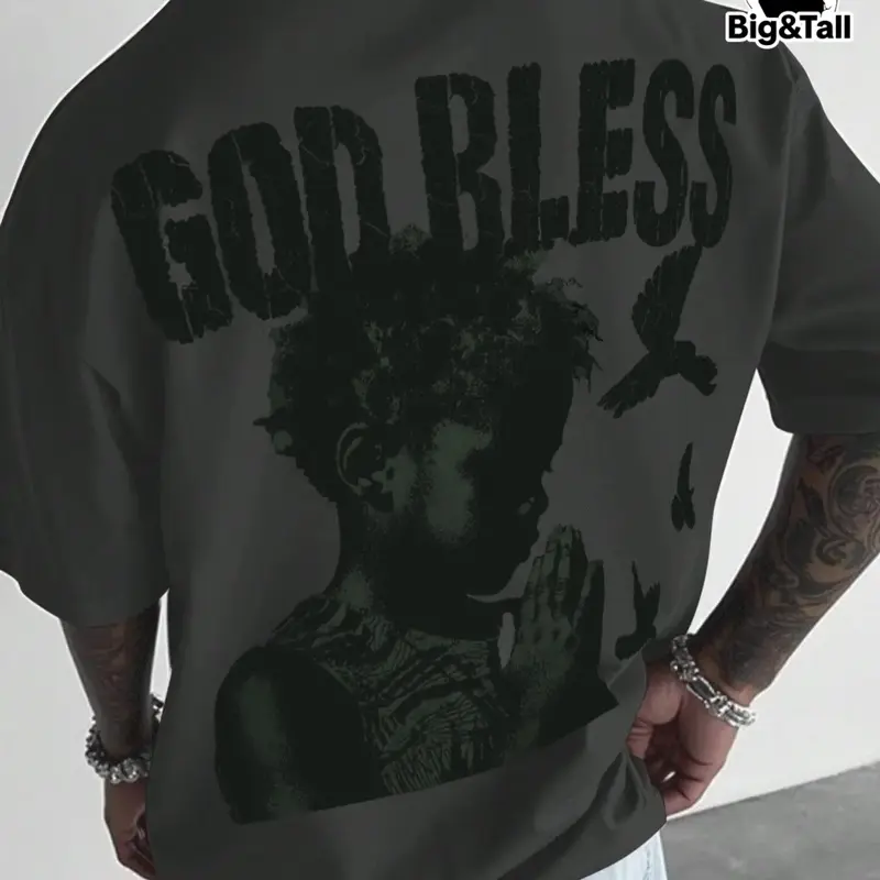 Men's Plus Size Loose Baggy Oversize Letter Print Short Sleeve Round Neck T-Shirt, Casual Summer Top for Daily Wear, Travel, Sports, School, Family Gatherings, Oversized T Shirt, Menswear