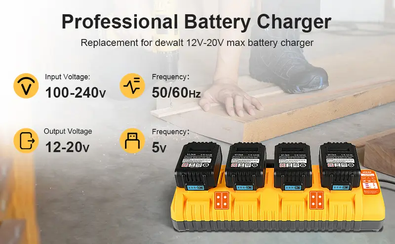 Product Introduction of Amityke DCB104 Replacement for Dewalt Multi-Battery Charger Station 4-Port Efficient Charging 12V 20V Batteries Dual USB Ports LED Indicator Portable Power Tool Accessories 7