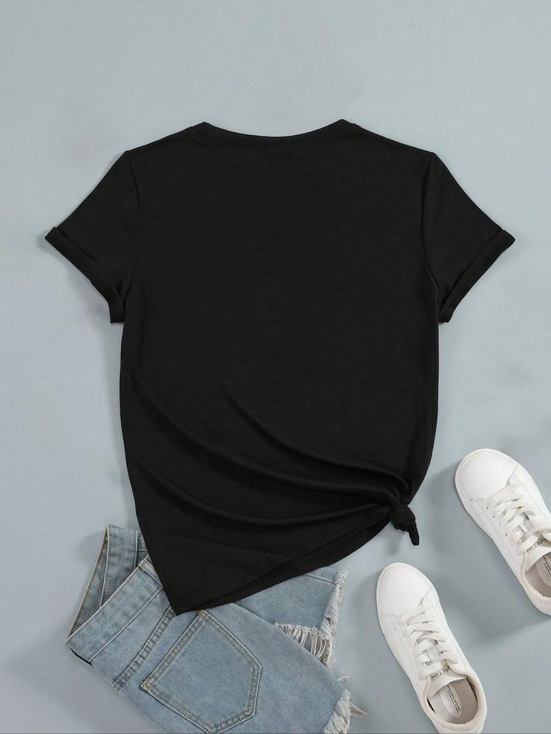 Women's Cross & Heart Print Round Neck Tee, Fashion Casual Crew Neck Short Sleeve T-Shirt for Daily Wear, Ladies Clothes for All Seasons