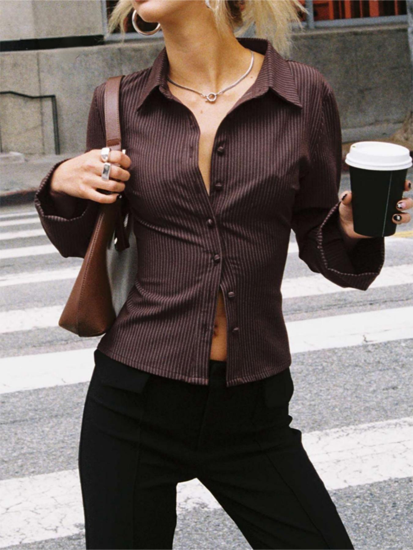 Women's Striped Woven Slim Fit Flounce Sleeve Long Sleeve Shirt Blouse, Casual Fashion Top for Spring & Fall, Ladies' Elegant Clothing Women's Striped Woven Slim Fit Flounce Sleeve Long Sleeve Shirt Blouse, Casual Fashion Top for Spring & Fall, Ladies' Elegant Clothing