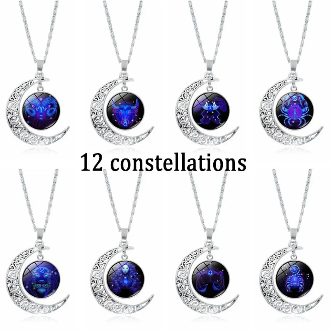 12 Zodiac Constellation Necklace, Celestial Moon Glass Pendant with Birthstone Gem, Astrology Inspired Statement Jewelry, Trendy Layered Necklace for Everyday Wear, Parties & Date Nights