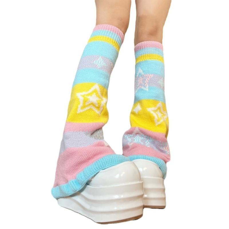 Women Girls Candy Color Rainbow Flared Leg Warmers Sweet Star Pattern Aesthetic Knitted Footless Covers Socks for Adults Teens