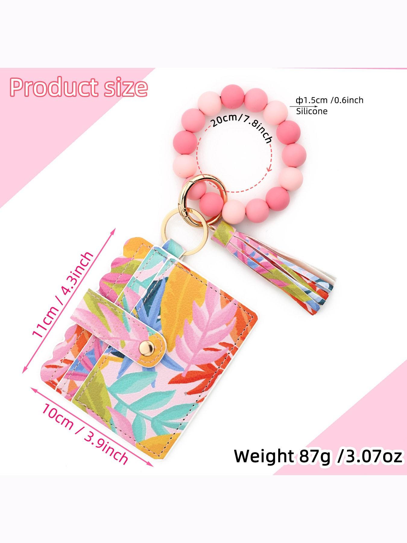 Cute Patterned Beaded Keychain Wallet, Compact Card Holder with Tassel Wristlet, Portable Accessory for Women