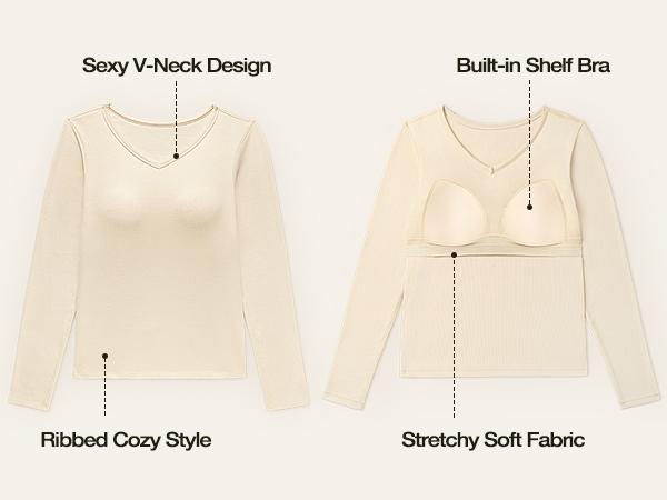 Wingslove Women's Long Sleeve Shirts Thermal Tops V Neck Built in Bra Cold Weather Slim Fitting Warm Base Layer Outfits