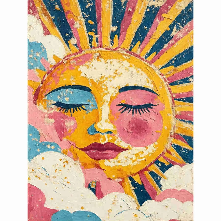 5D DIY Diamond Painting Kit Boho Sun Face With Closed Eyes Retro Clouds Vintage Art Full Round & Square Drill Rhinestone Mosaic Handmade Wall Art Home Decor Gift