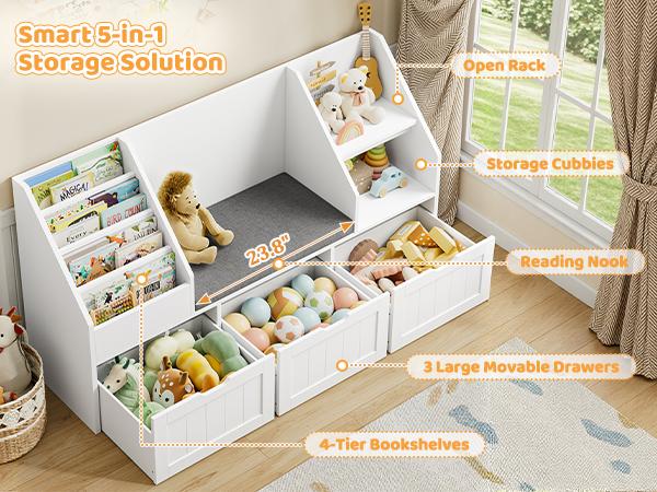 FOTOSOK 55.1'' Kids Bookshelf with Reading Nook, Toy Storage Organizer with Seat Cushion and 3 Movable Drawers, Kids Reading Nook Toy Organizers and Storage with Bench for Playroom