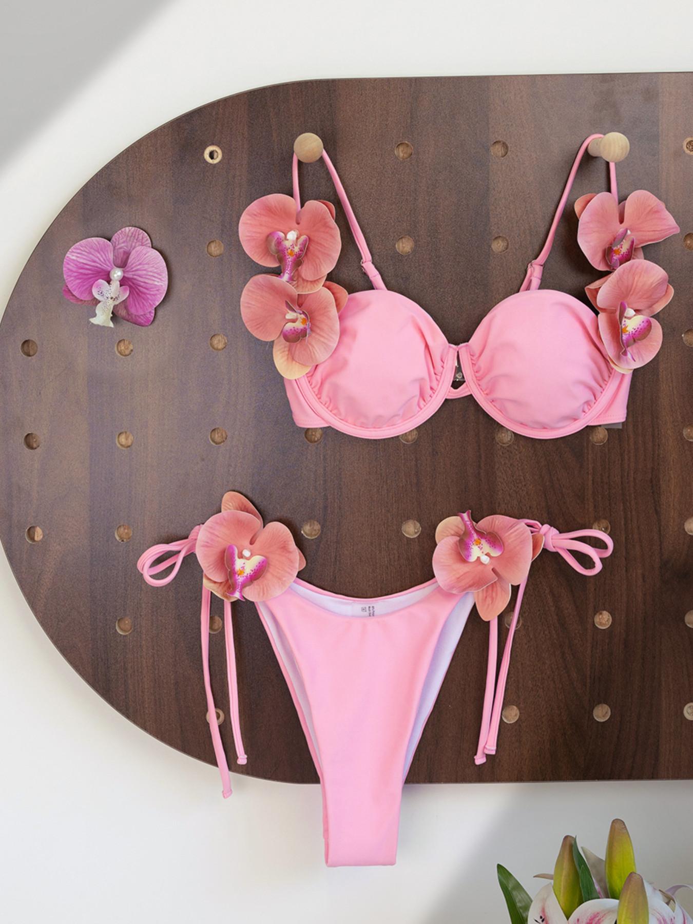 Women's Elegant Floral Swimwear Set, Padding Bikini, Perfect for Beach, Stage, Concerts, Summer Vacation, Holiday Swimsuit