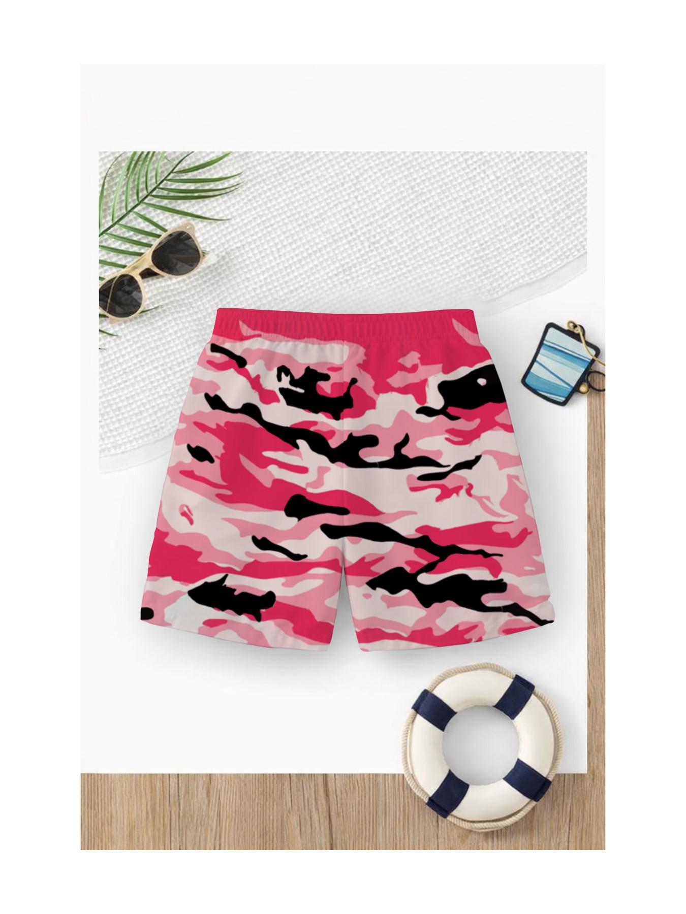 Summer Boys' Camo Print Drawstring Beach Pants, Casual Slim-Fitting Short Pants for Kids, Trendy Swim Trunks for Vacation