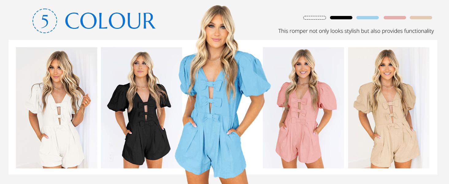 【BOGO 50% Off 】Cicy Bell Womens Cute Rompers Bow Front Puff Sleeve V Neck Short Jumpsuits Sexy Summer Outfits with Pockets
