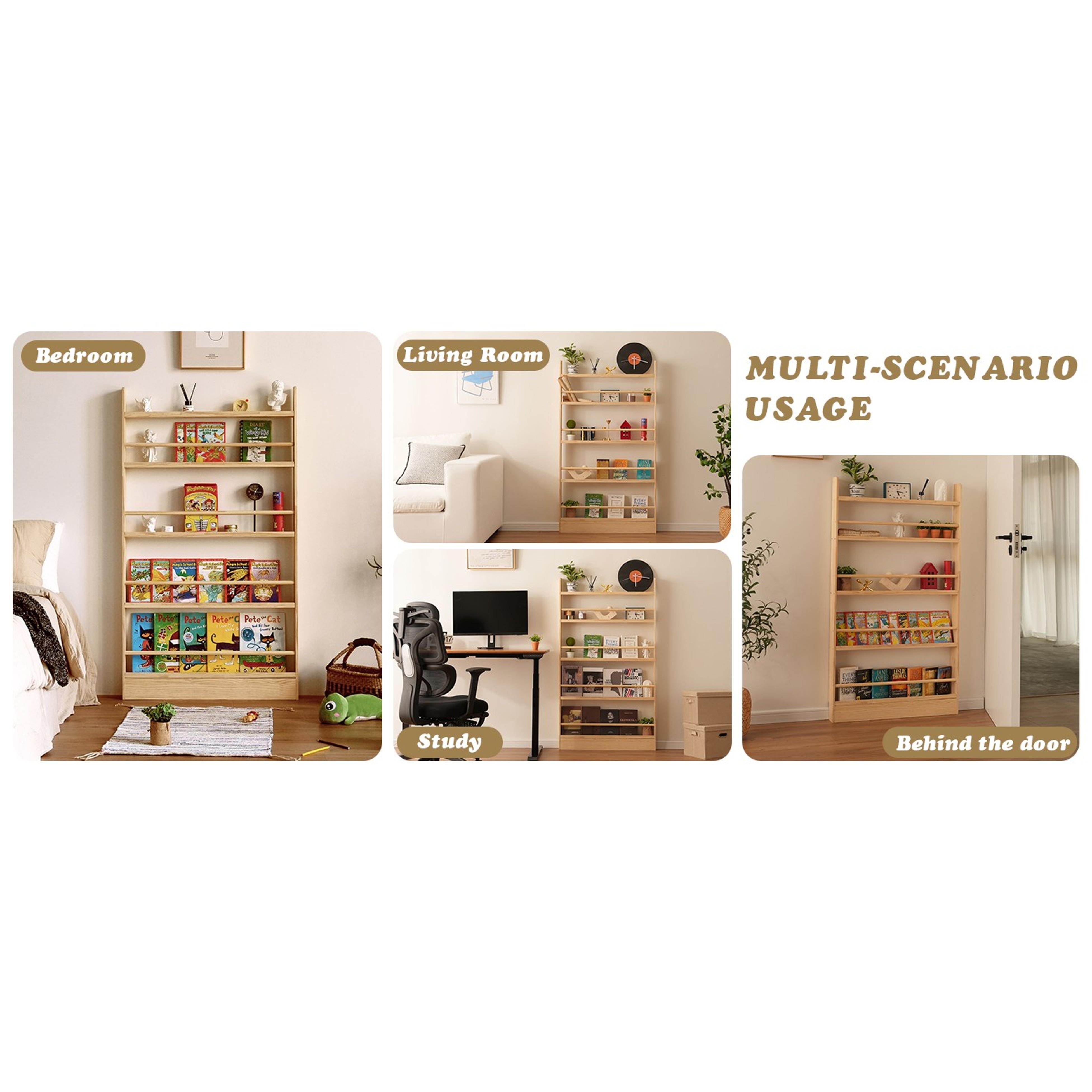 5 Tier Behind The Door Bookshelf & Freestand Open Book Shelf, Wall Mount Shelves for Bedroom, Space- Saving Bookcase, Solid Wood Bookshelf for Living Room, Natural（FSC-Certified Wood）