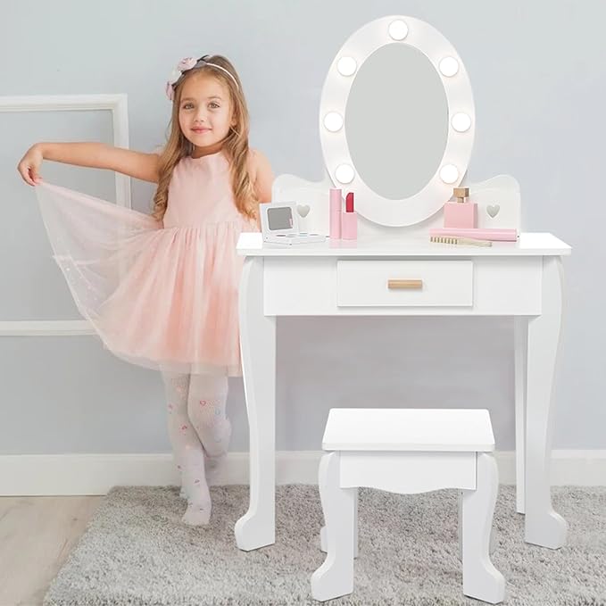 Kids' Vanity Set with Mirror and Light, Makeup Table and Stool for Girls, Vanity Table and Chair Set with Wood Makeup Playset for 4-9 Girls