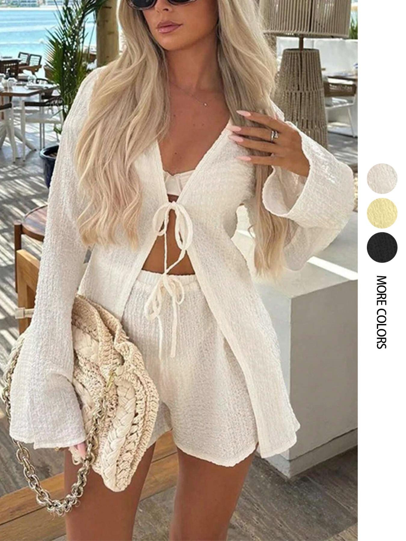 Women's Solid Color Longsleeves Fitted Tie Front Top & Shorts Set, Minimalist Basic Casual Fashion Cozy Two-piece Fashion Style Sets for Daily Outdoor Wear, Ladies Summer Clothes, Womenswear, Loungewear, Homewear, Casual Comfy Pajama Set, Cream