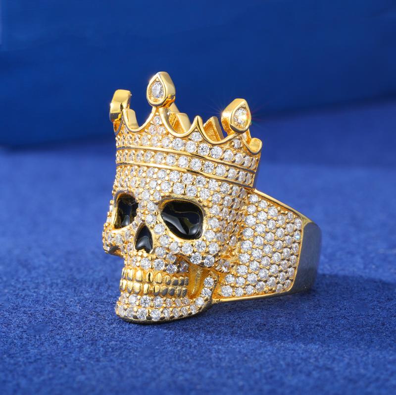 【#R361 】UCCIYO 18K Gold-Plated Skull Ring with Lab-Grown Moissanite S925 Sterling Silver Synthetic Moissanite Ring for Women Men Hip Hop Jewelry Gift