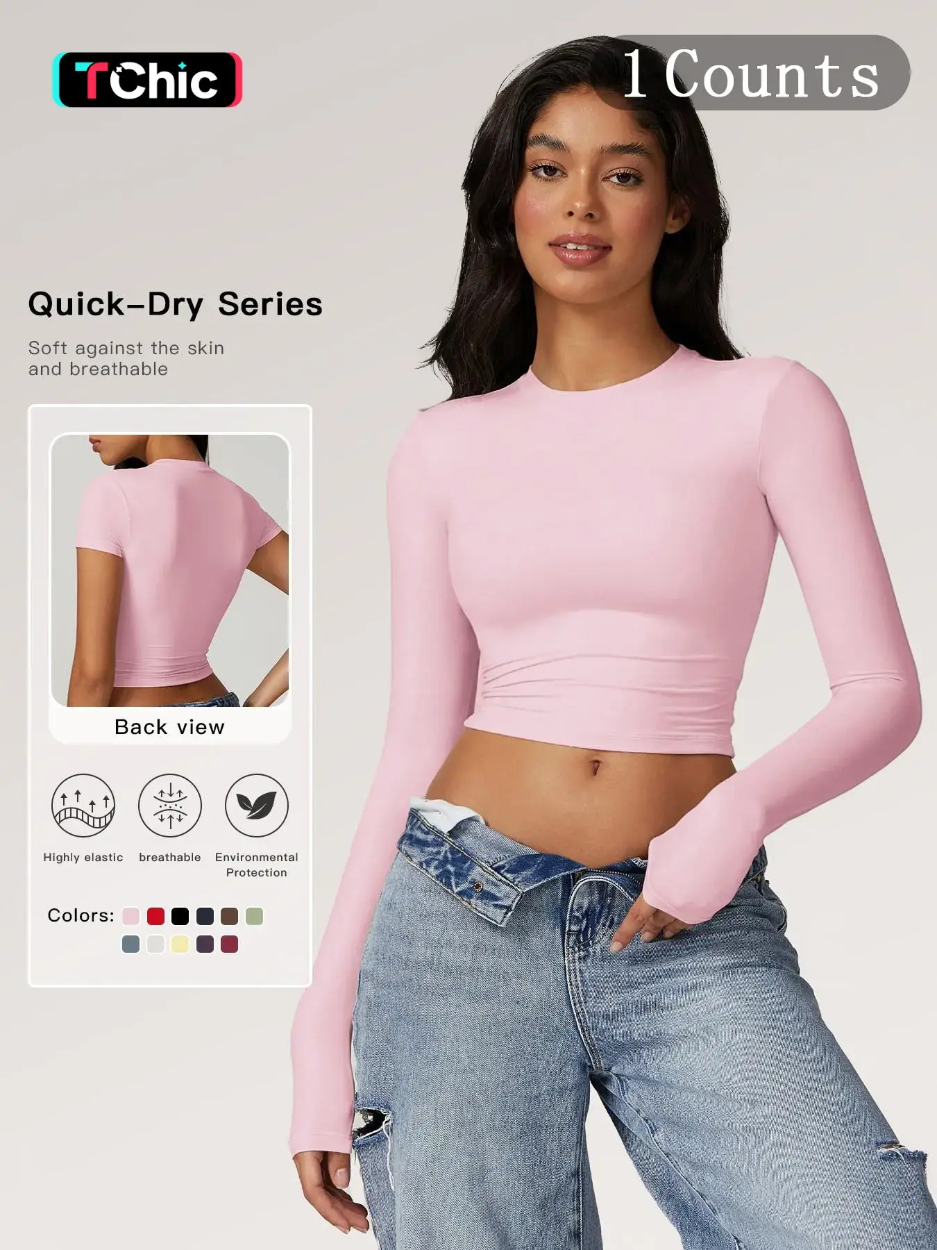 Women's Solid Round Neck Compression Sports Tee, Quick Drying Long Sleeve Crew Neck Crop T-shirt, Ladies Sportswear for Indoor Outdoor Wear, Valentine's Day Gift for Girl