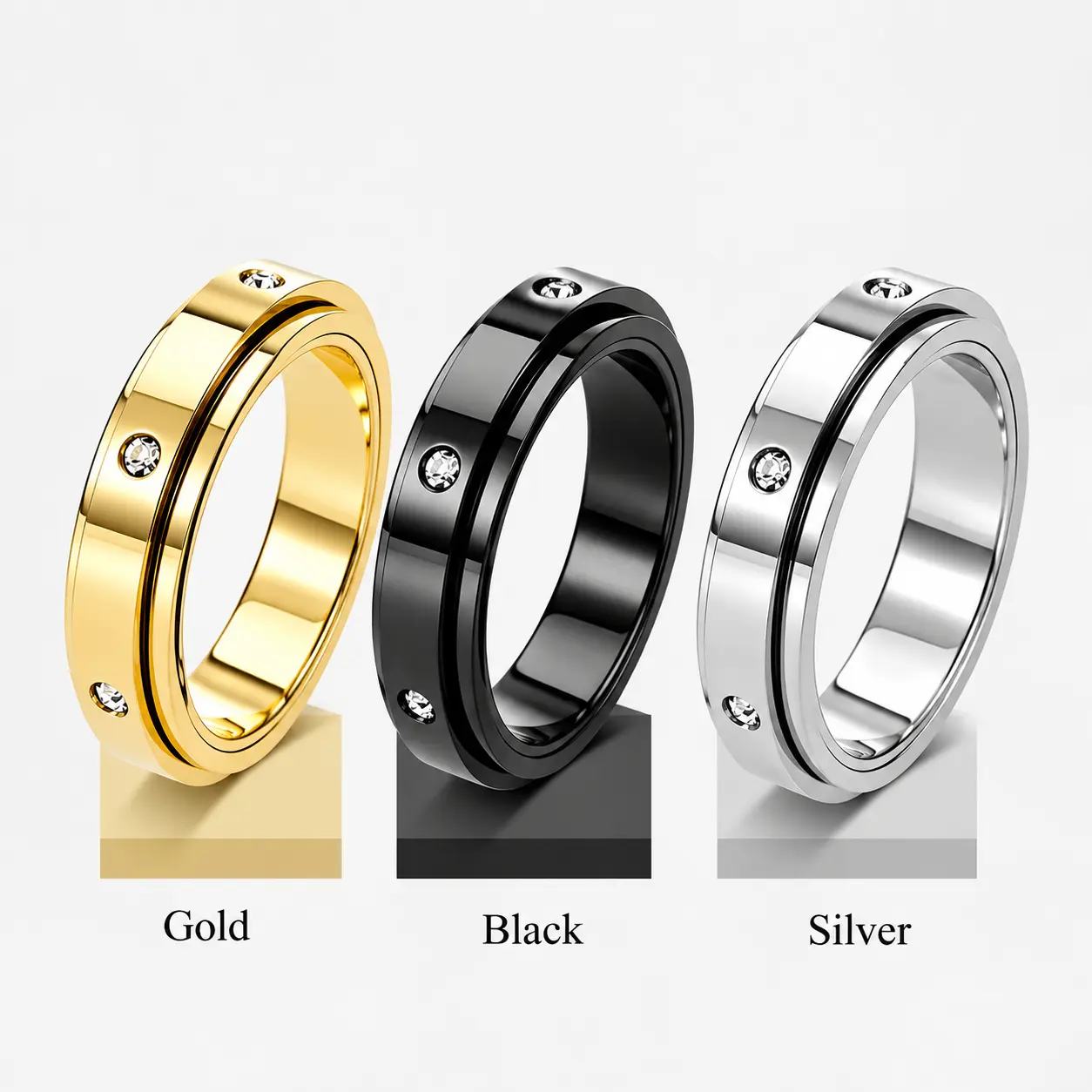 Anxiety Relief Spinning Ring, Stainless Steel Rotatable Band with Zircon Stone, Cool Novelty Gift for Him