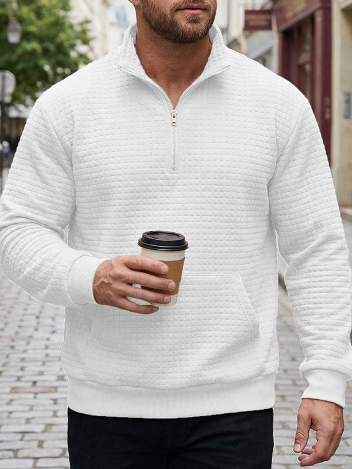 Men's Quilted Quarter Zip Sweatshirt, Waffle Grid Texture Pullover with Stand Collar & Kangaroo Pocket, Casual Loose Fit Top for Streetwear, Daily Wear and Fall Winter