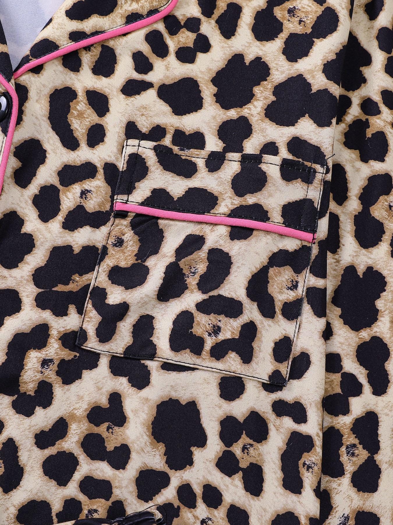 2-piece set full of brown and yellow leopard print long sleeved pants, soft and comfortable, skin friendly and smooth top, small pocket button closure, butterfly bow adjustable waistband, suitable for all seasons home, casual wear, pajamas