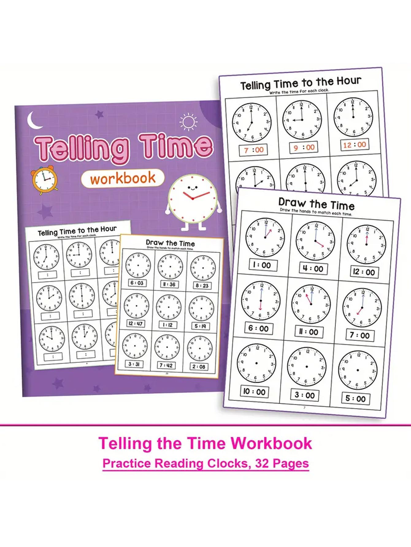 Time Table Practice Book, Learn Reading Analog and Digital Clocks, Colorful Clock Faces, Kindergarten Grade 1 Math Activity, Math Learning Workbook