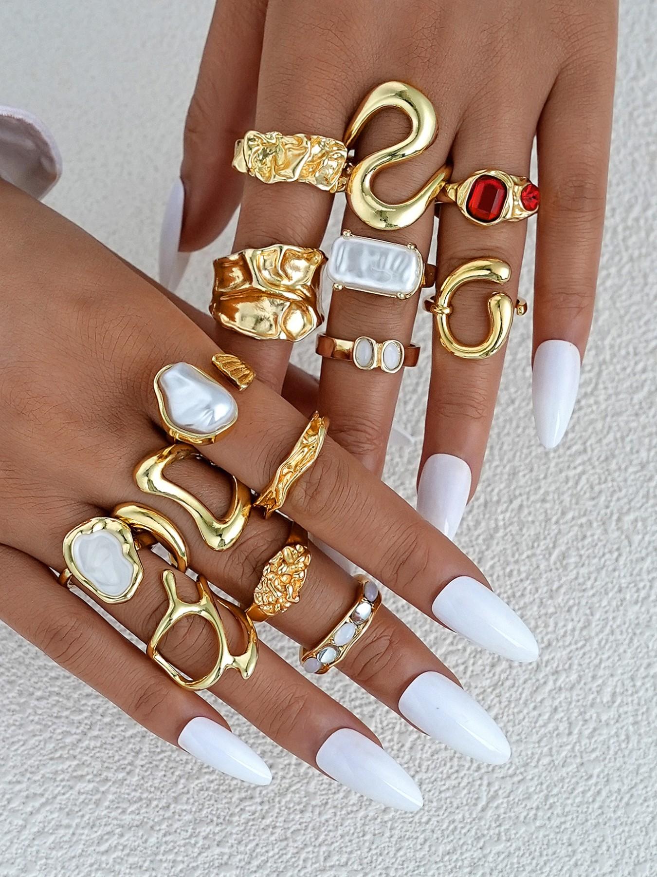 14-Piece Women's Fashion Stackable Rings Set, Vintage Chunky Boho Resin Pearl Colorful Rhinestone Wide Band Rings, Perfect Gift for Girlfriend Mom